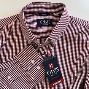 Chaps Slim Fit Burgundy White Gingham Performance Button Down Shirt Men's Medium